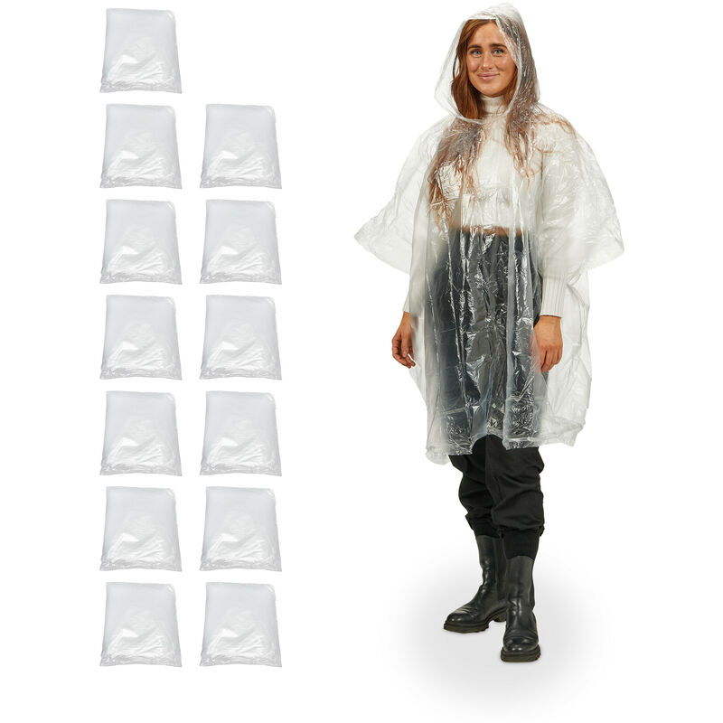 Regenponcho Einweg 13er Set, Einmal Regencape mit Kapuze, Erwachsene, Notfallponcho Damen, Herren, transparent - Relaxdays