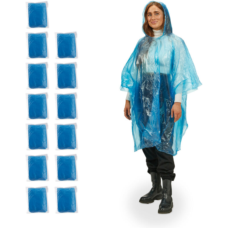 Relaxdays Regenponcho Einweg, 13er Set, Einmal Regencape mit Kapuze, Erwachsene, Notfallponcho Damen, Herren, blau