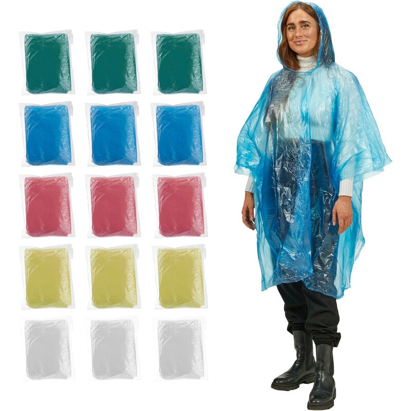 Regenponcho Einweg, 15er Set, Einmal Regencape mit Kapuze, 5 Farben, Notfallponcho für Damen & Herren, bunt - Relaxdays