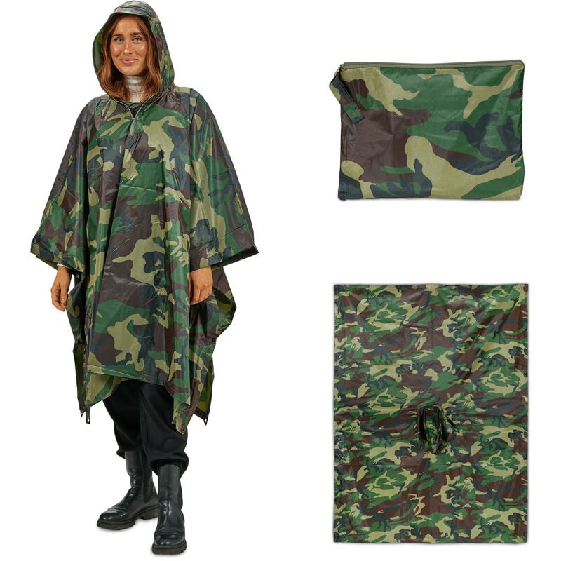 Regenponcho Mehrzweck 3 in 1 Tarn, Zelt Poncho, mit Kapuze, wasserdicht, Regencape Damen & Herren, grün/braun - Relaxdays