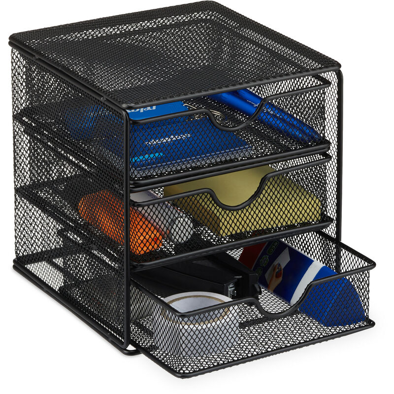 Schreibtischorganizer, Büroablage aus Metallgeflecht, Ablagebox für Bürobedarf, HxBxT: 17 x 16 x 17cm, schwarz - Relaxdays