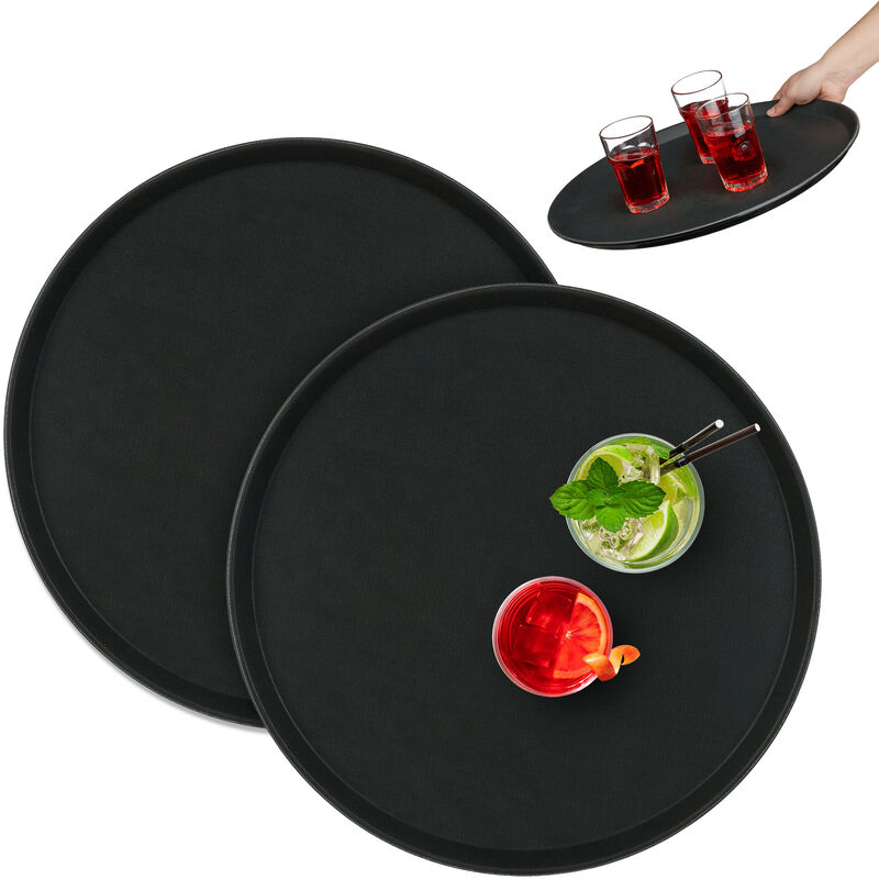 Relaxdays Serviertablett 2er Set, rund Ø 45 cm, Bartablett, rutschfeste Oberfläche, Kellnertablett Gastronomie, schwarz