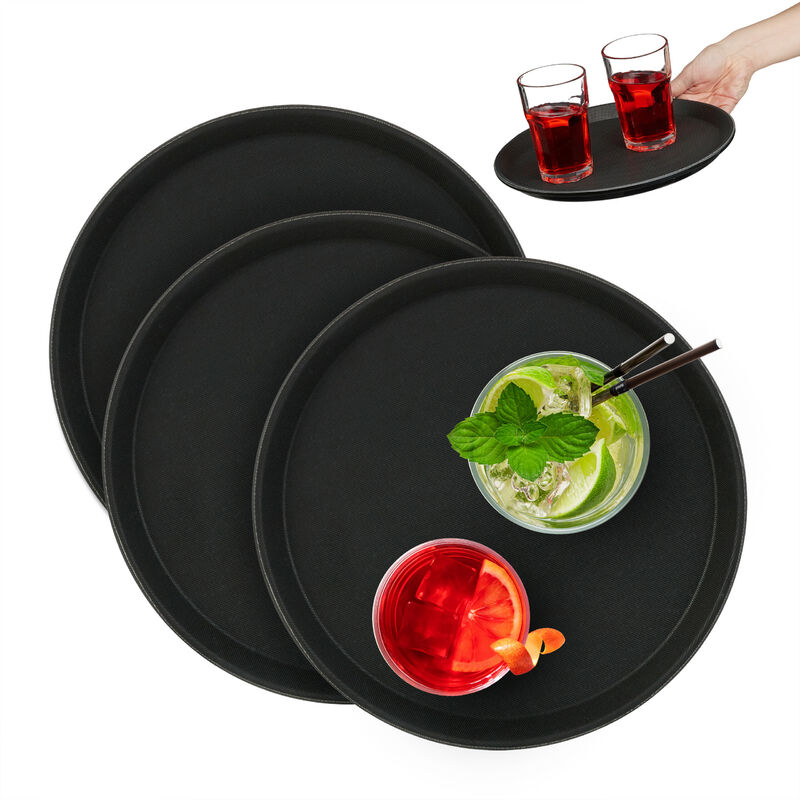 Relaxdays Serviertablett 3er Set, rund Ø 28 cm, Bartablett, rutschfeste Oberfläche, Kellnertablett Gastronomie, schwarz
