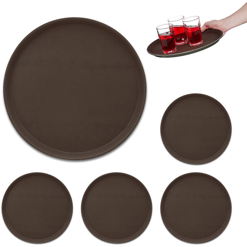 5 x Serviertablett rund, Ø 35 cm, Bartablett mit Rand, rutschfeste Oberfläche, Kellnertablett Gastronomie, braun