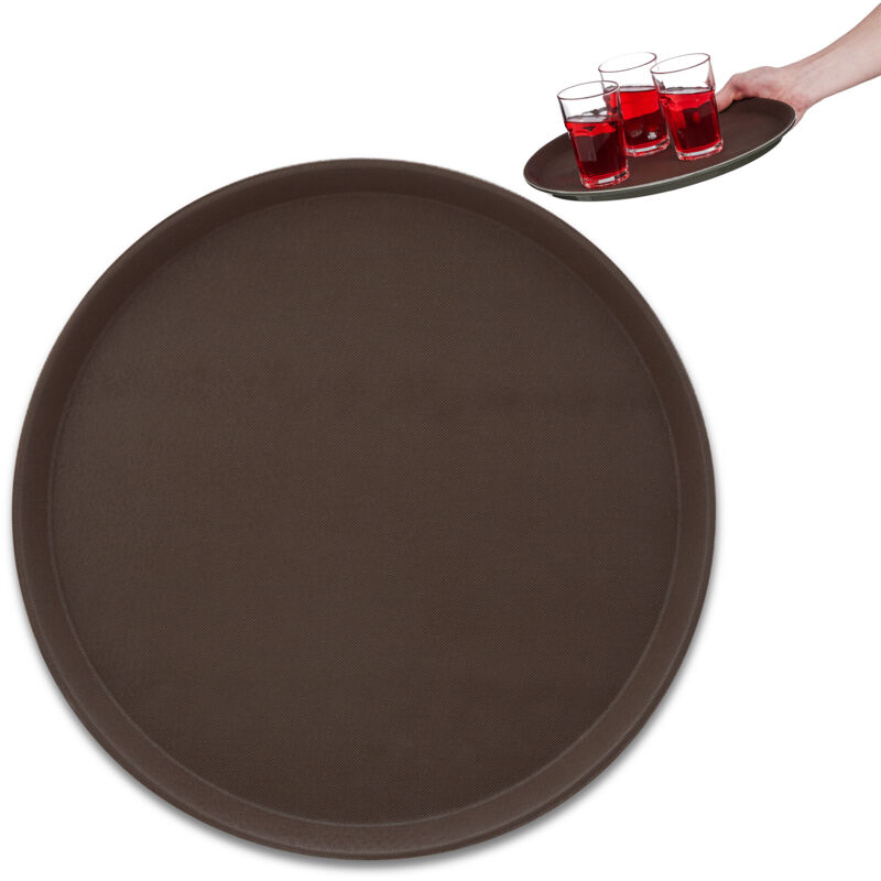 2 x Serviertablett rund, ø 35 cm, Bartablett mit Rand, rutschfeste Oberfläche, Kellnertablett Gastronomie, braun