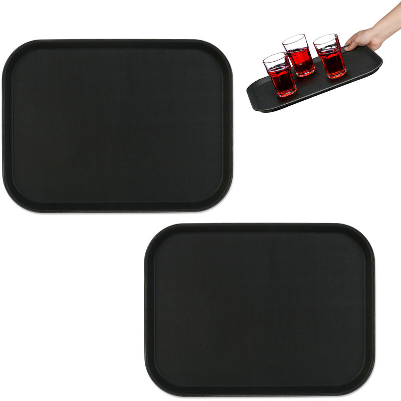 2 x Serviertablett, rutschfeste Oberfläche, eckiges Kellnertablett, Getränke, Gastronomie, B x T: 41 x 30 cm, schwarz
