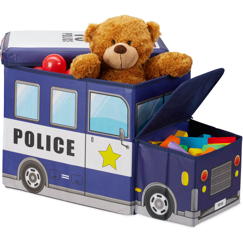 Relaxdays - Sitzbox Kinder, Staubox mit Deckel, Spielzeug, faltbar, Polizei, Stauraum, Jungen & Mädchen, 50 l, dunkelblau
