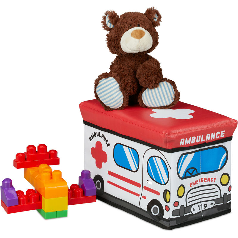 Spielzeugkiste faltbar, Krankenwagen, Aufbewahrungsbox m. Stauraum & Deckel, gepolstert, hbt 27x40x25 cm, weiß - Relaxdays