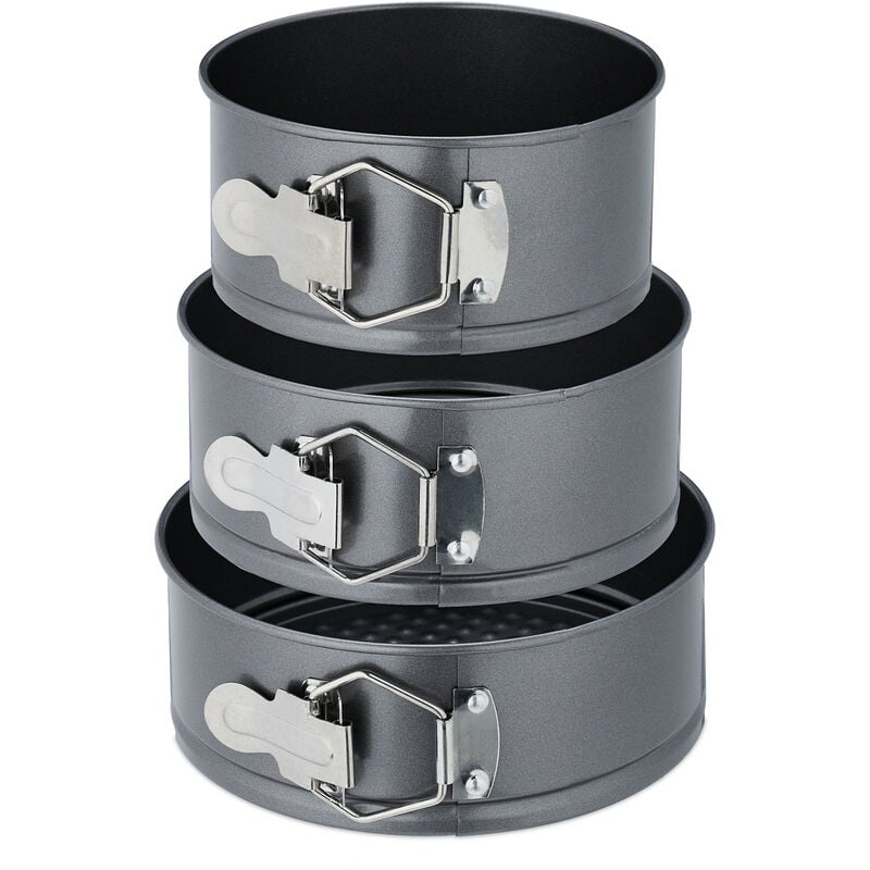 Springform Set, 3 runde Backformen, ø 14, 16, 18 cm, Edelstahl, Antihaftbeschichtung, Tortenform, anthrazit - Relaxdays