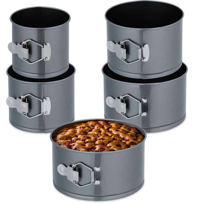 Relaxdays Springform Set 5-teilig, Ø 12, 14, 16, 18, 20 cm, Stahl, Antihaftbeschichtung, runde Backformen, anthrazit