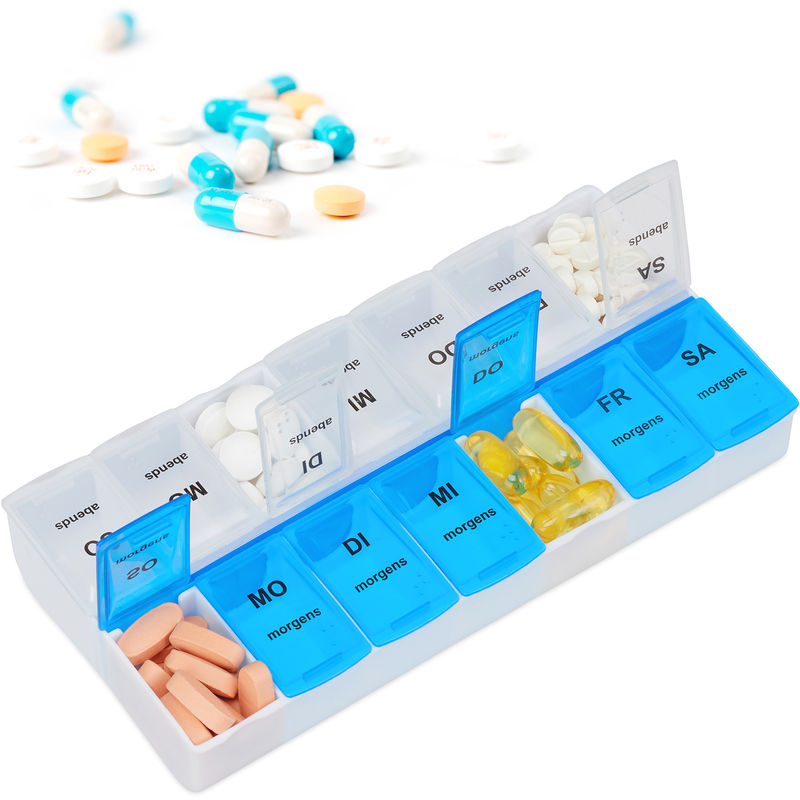 Relaxdays - Tablettenbox für 7 Tage, 2 Fächer, morgens, abends, wöchentliche Pillendose für Zuhause & unterwegs, weiß-blau