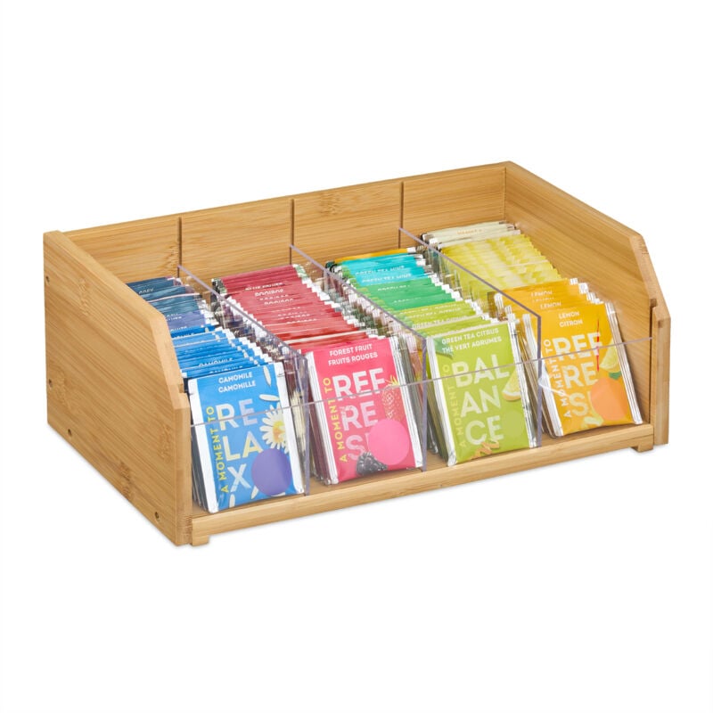 Relaxdays - Tee Organizer, 4 Fächer, Bambus, hbt: 12x31x19 cm, Tee & Kaffeepads, Teebeutelbehälter mit Trennwänden, natur