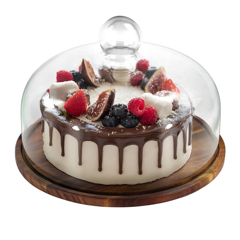 Relaxdays Tortenplatte, Glasdeckel, Kuchenplatte, hält Lebensmittel frisch, HD: 16x28 cm, Käseglocke Akazienholz, natur