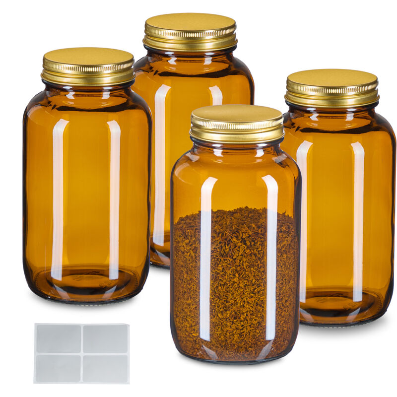 Relaxdays - Braungläser, 4er Set, 400 ml, mit Deckel & Etiketten, Kräutergläser Medizin, Gewürze, Vorratsdosen, braun/gold