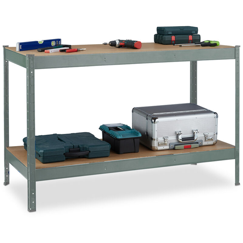 Relaxdays Werkbank, 600 kg, Werktisch, HBT: 91x141x61 cm, 2 verstellbare Ebenen, Werkstatt Regal Stahl & MDF, anthrazit