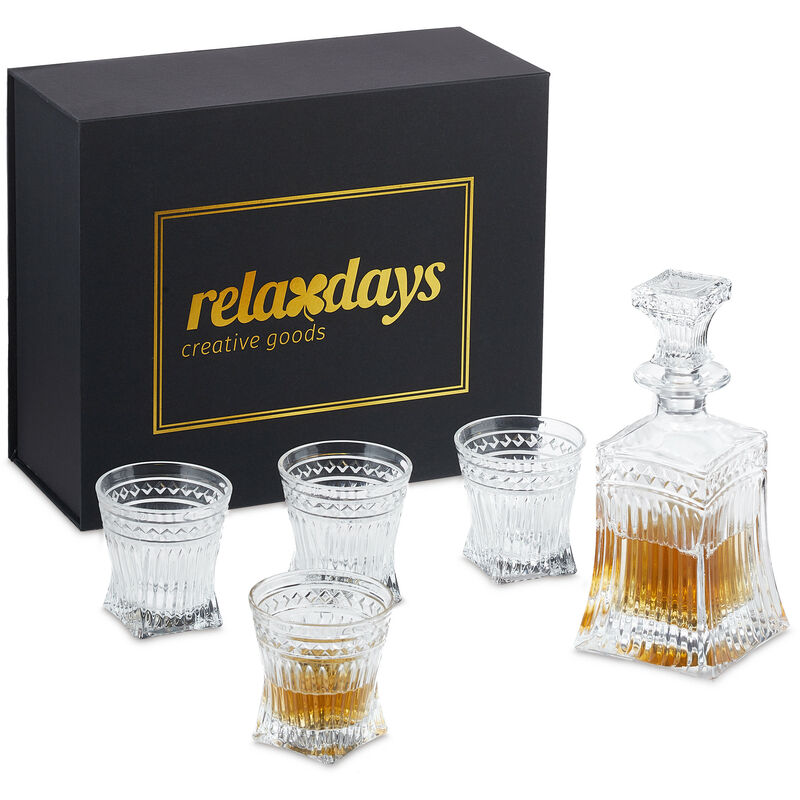 Whisky Set, 5-teilig, Whiskykaraffe 500 ml, 4 Whiskygläser 240 ml, Cognac Dekanter, Geschenkbox, transparent - Relaxdays