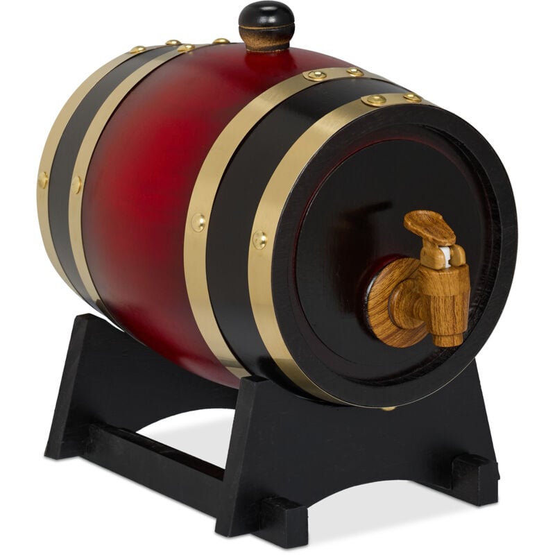 Relaxdays Whiskyfass, 1,25 l, Holz, Schnapsfass mit Bock & Zapfhahn, für Wein, Spirituosen, Deko Holzfass, rot/schwarz