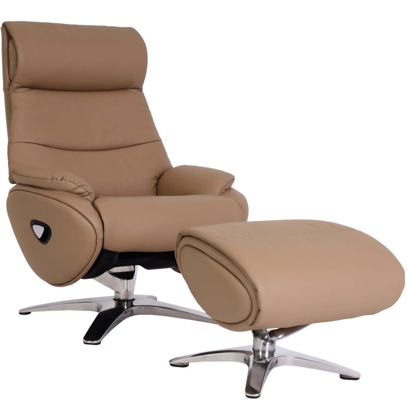 Relaxsessel mit Hocker HHG 334, Fernsehsessel Sessel, Liegefunktion drehbar, Metall Echtleder/Kunstleder taupe