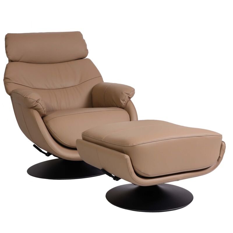 Relaxsessel mit Hocker HHG 356, Fernsehsessel Sessel, Wippfunktion drehbar, Metall Echtleder/Kunstleder taupe