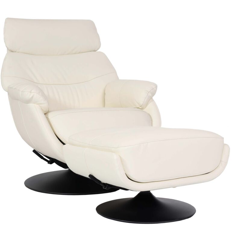 Relaxsessel mit Hocker HHG 356, Fernsehsessel Sessel, Wippfunktion drehbar, Metall Echtleder/Kunstleder creme-weiß
