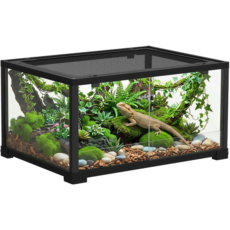 Reptilien-Terrarium, 86 Liter Vivarium mit Schiebetür, verschließbar, für Echsen, Insekten, Spinnen, Geckos, 60 x 45 x 32 cm, Schwarz