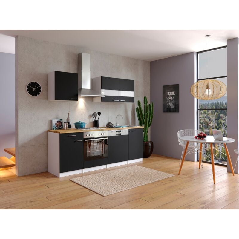 Küche Küchenzeile Küchenblock Einbauküche Weiß Schwarz Malia 220 cm Respekta
