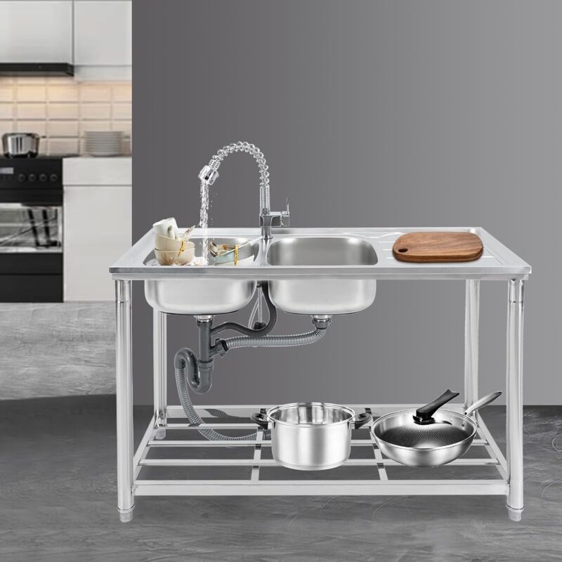 Restaurant-Spüle Doppelspüle mit Werkbank Mobile Spüle Edelstahl Spültisch 2 Becken Einem Ausziehbaren Wasserhahn Freistehende Spültisch Komplettes