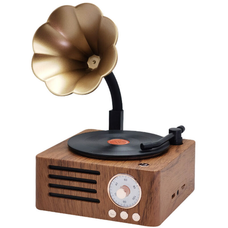 Retro Bluetooth Lautsprecher, 3 in 1 Aux und Radio, Vintage Grammophon, Plattenspieler, Plattenspieler mit Kupferhorn, Stereo Lautsprecher für Büro