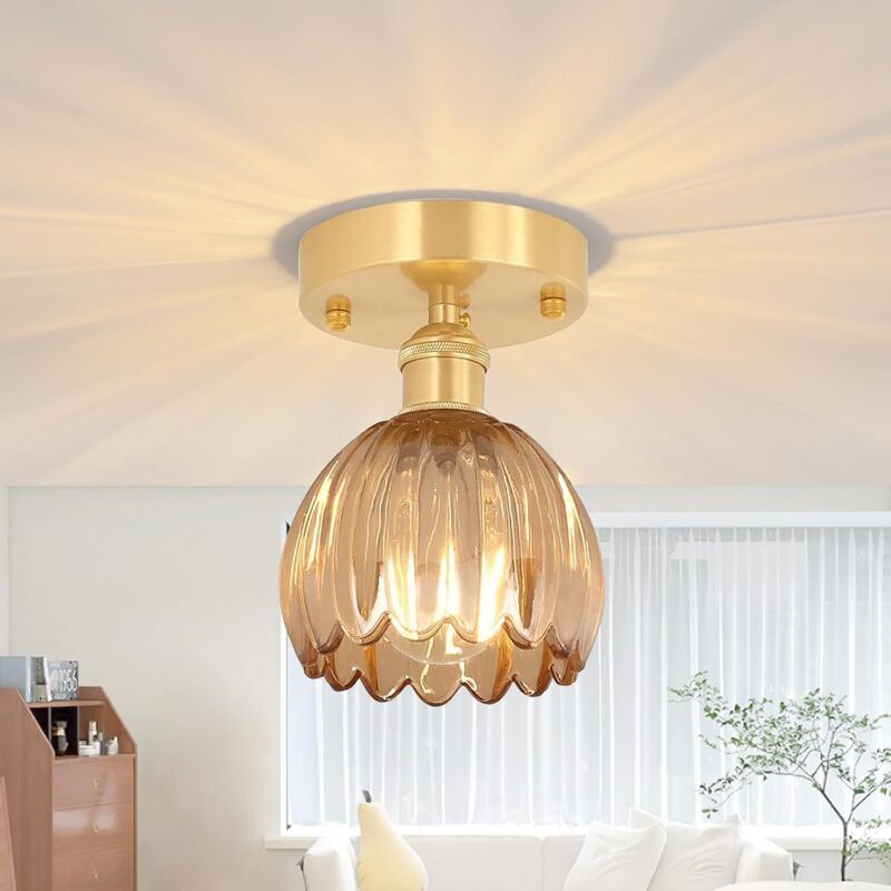 Retro-Deckenleuchte komplett aus Kupfer und Glas, verziert mit kleinen bernsteinfarbenen Blüten, ideal für Schlafzimmer, Wohnzimmer, Balkon,