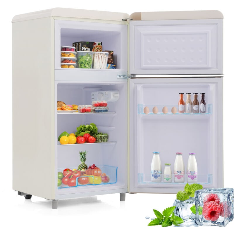 Retro-Kühlschrank, oberer und unterer Doppeltür-Kühlschrank, Gesamtvolumen 72 Liter, mit Gefrierfachvolumen 21 Liter, 120 kWh/Jahr, LED-Beleuchtung.