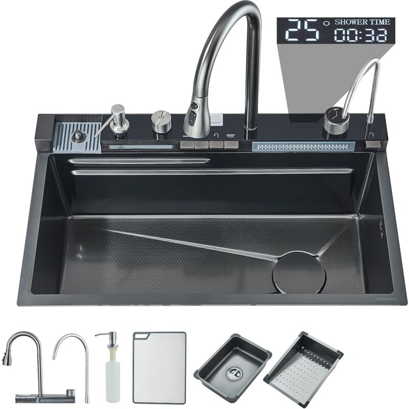 Küchenspüle Wasserfall-Spüle mit LED-Temperaturanzeige mit Tassenwaschmaschine, schwarzer Seifenspender, Wasserfall Spüle mit Pull Down Spray