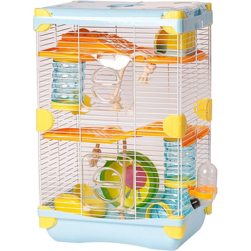 Roborowski-Hamsterkäfig, 2-stöckig – 27,7 x 20,5 x 42,5 cm, mit Laufrädern für Futter und Trinken (Blau)