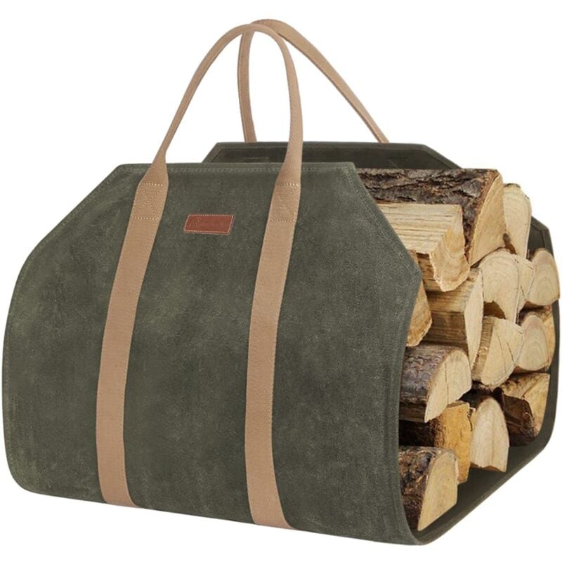 Robuste, gewachste Tragetasche aus Segeltuch für Brennholz mit verstärkten Gurten, grün