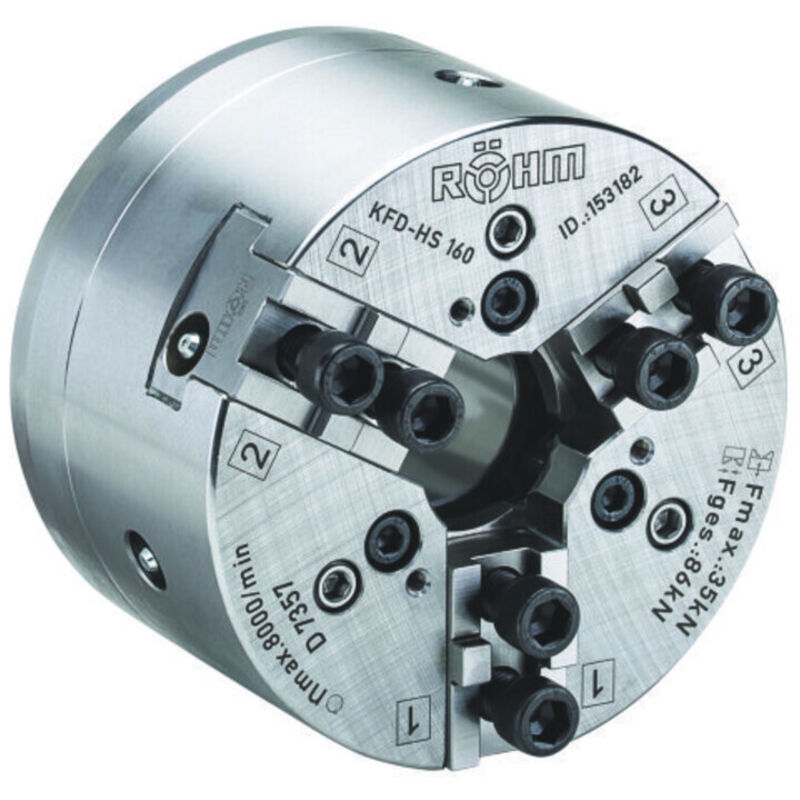 Röhm Kraftspannfutter KFD-HS 160, 3-Backen, Spitzverzahnung 90°, Zylindrische Zentrieraufnahme - 143692