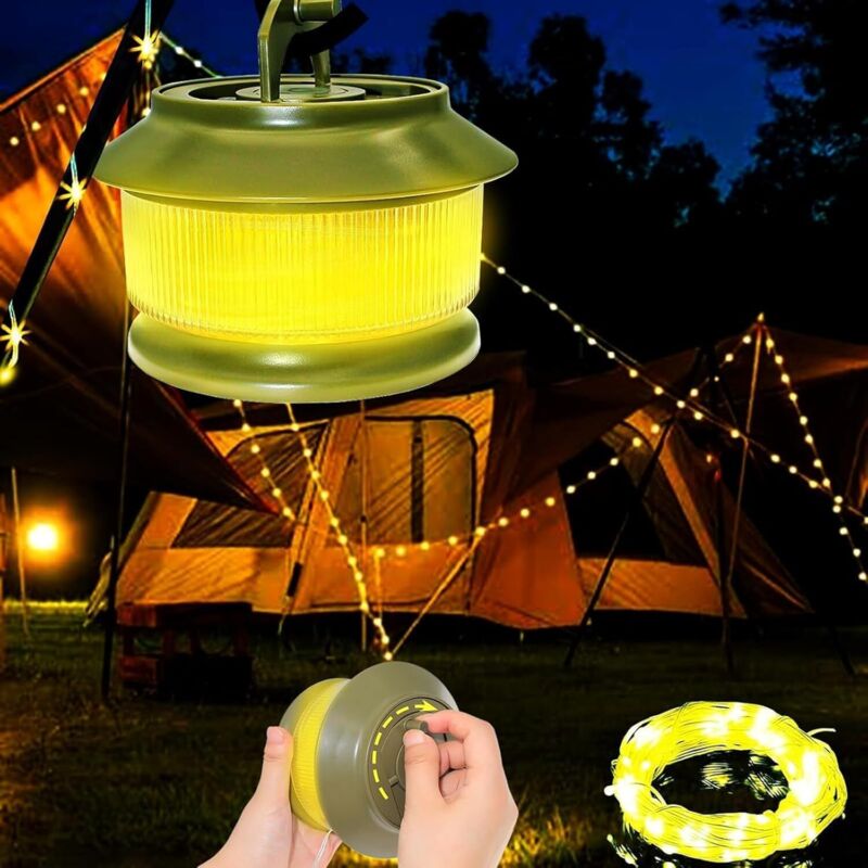 Rollbare Camping-Lichterkette, 20 m, 3000-mAh-Akku, 350 Lumen, 5 Beleuchtungsmodi, wasserdicht, tragbar, wiederaufladbar, für Camping, Dekoration