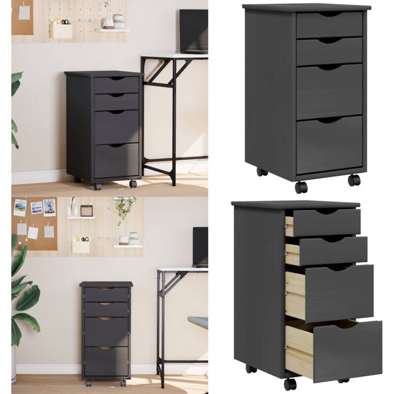 Rollschrank mit Schubladen MOSS Grau Massivholz Kiefer - Schreibtischorganizer - Bürobedarf - Regalsystem - Ablagefach - Mobiliar - Home & Living