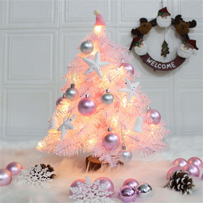 Rosa künstlicher Weihnachtsbaum mit Kugeln und LED-Lichtern, Mini-Weihnachtsbaum für Weihnachtsdekoration, Zuhause, Esstisch.