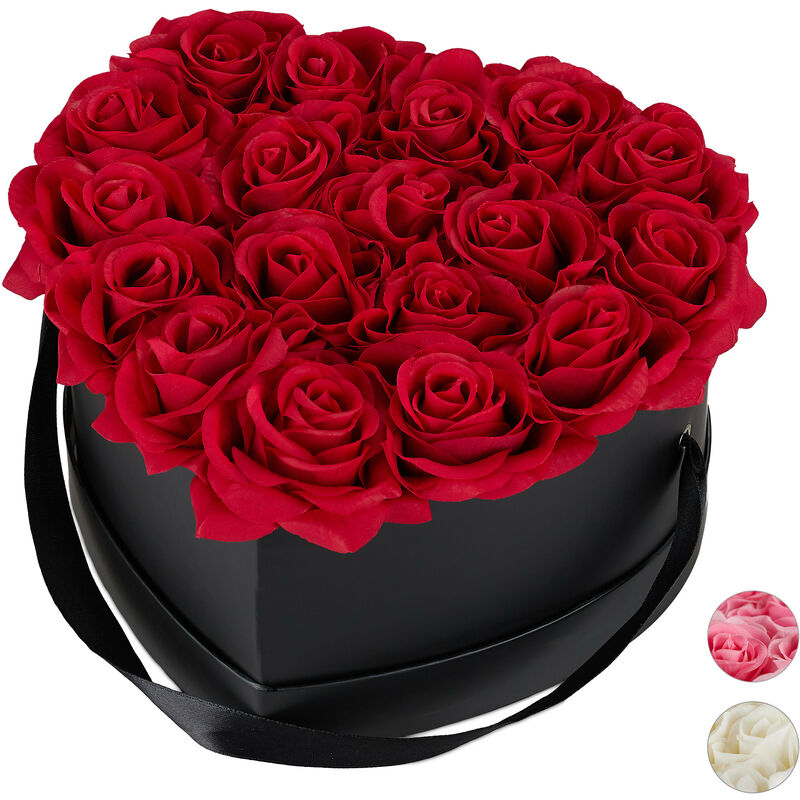 Relaxdays - Rosenbox Herz, 18 Rosen, stabile Flowerbox schwarz, 10 Jahre haltbar, Geschenkidee, dekorative Blumenbox, rot