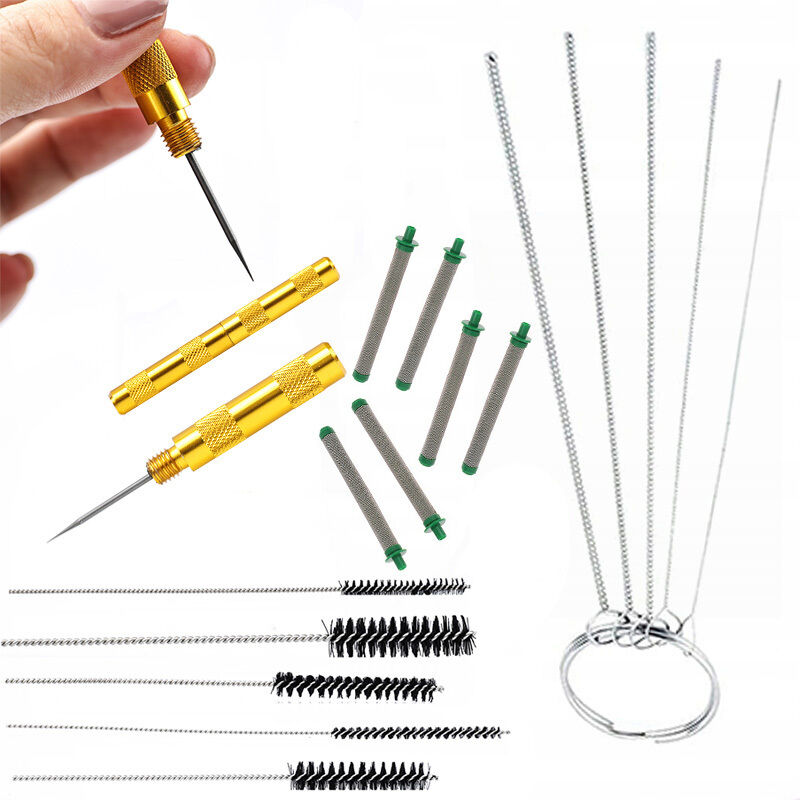 Rosfix Punch + Wischer, Bürsten zum Reinigen der Lackierpistole 5 Stk. + Metallreinigungsstäbe 5x + Rosfix Fingerfilter 30 Mesh, grün für die