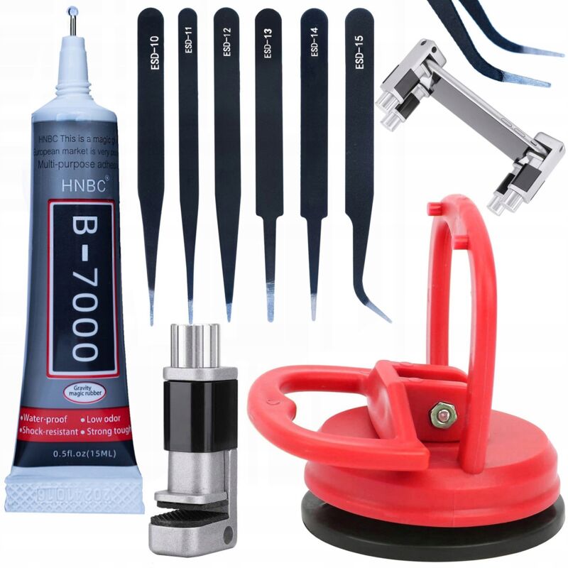 Rosfix Saugnapf für LCD-Displays 55 mm + B-7000-Kleber 15 ml + Schraubstock für LCD-Displays + Set mit 6 Präzisionspinzetten