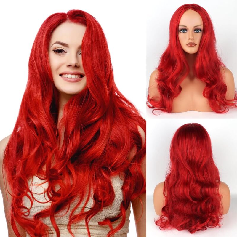 Rote Damenperücke, gewellte Damenperücke, 61 cm, lange Damenperücke, lange Kunsthaarperücke, für Karneval, für Kostüme