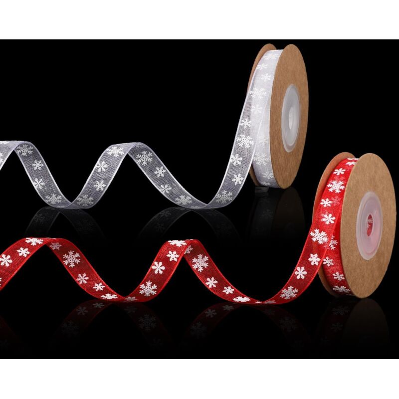 Rote und weiße Weihnachtsbänder, 2 Rollen, 20 m x 10 mm, Schneeflockenmuster, für Bastelarbeiten, Geschenkpapier und festliche Dekorationen