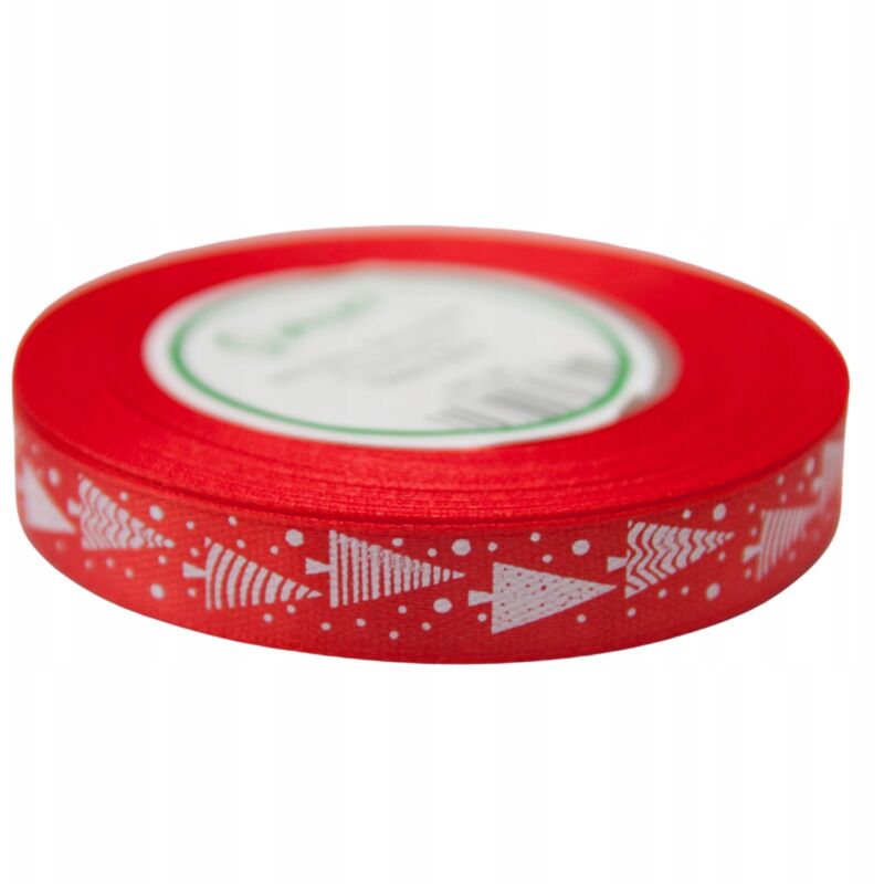 Rotes Satinband mit Weihnachtsbaum-Aufdruck, 12 mm