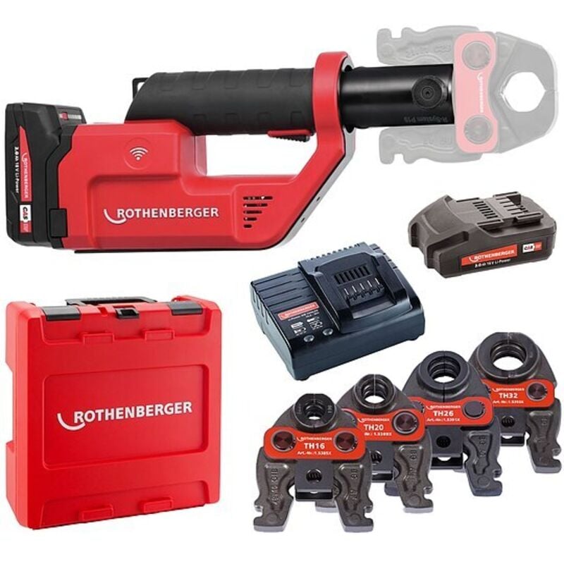 ROTHENBERGER ROMAX Compact 3 inkl. 2 Akkus 2,0 Ah, Schnellladegerät, System-Box und Pressbacken TH 16, 20, 26, 32