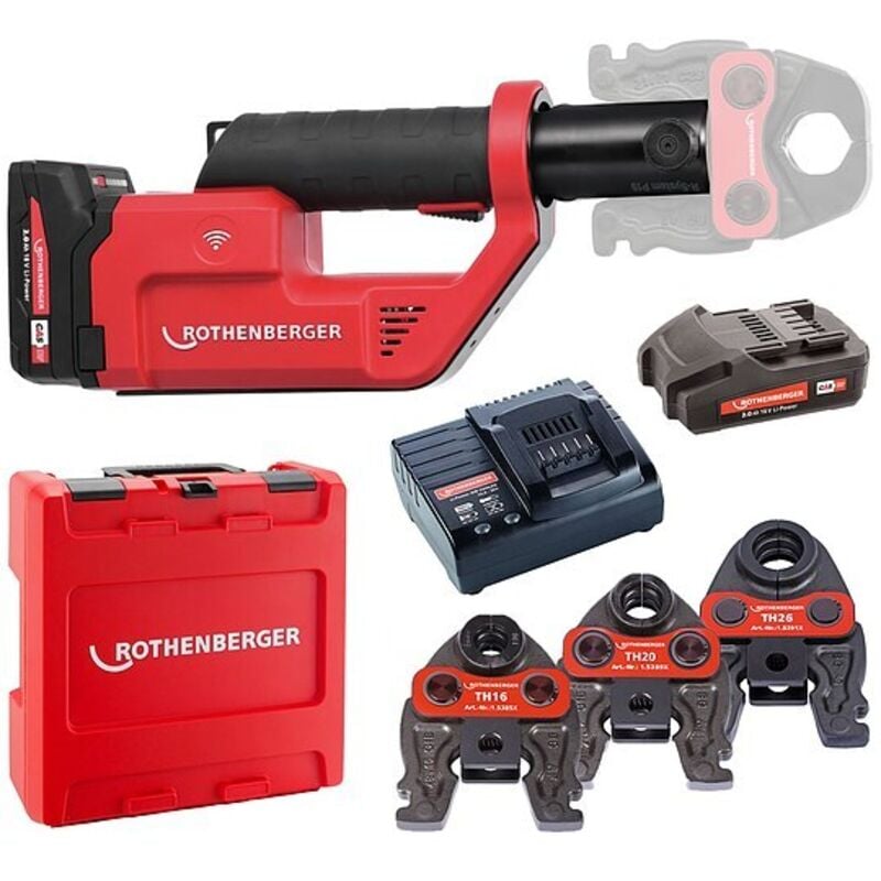 ROTHENBERGER ROMAX Compact 3 inkl. 2 Akkus 2,0 Ah, Schnellladegerät, System-Box und Pressbacken TH 16, 20, 26