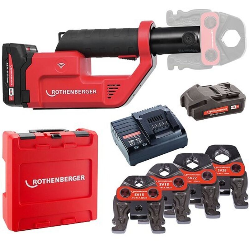 ROTHENBERGER ROMAX Compact 3 inkl. 2 Akkus 2,0 Ah, Schnellladegerät, System-Box und Pressbacken V 15, 18, 22, 28 (SV)