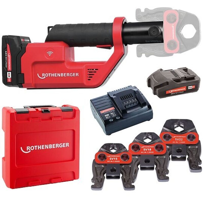 ROTHENBERGER ROMAX Compact 3 inkl. 2 Akkus 2,0 Ah, Schnellladegerät, System-Box und Pressbacken V 15, 18, 22 (SV)