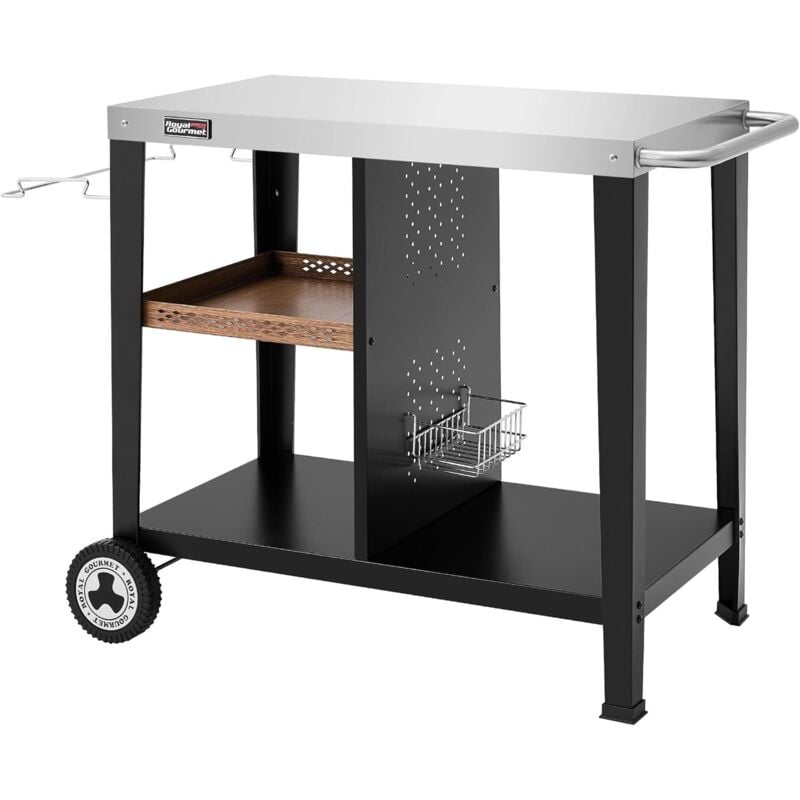 Grilltisch mit 85x50 cm Edelstahlplatte, 3-Etage Grillwagen für Tischgrill und Pizzaöfen, Rollwagen mit Griffen, Müllbeutelhalter &