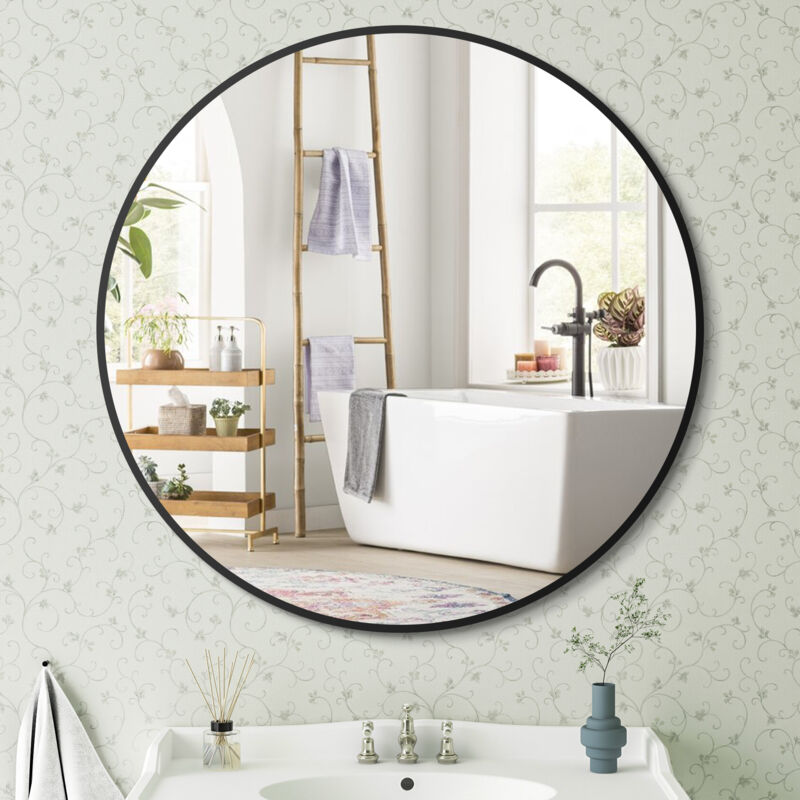 Rund Wandspiegel 100cm mit Metallrahmen, dekorativer hd Wandspiegel Schminkspiegel für Badzimmer, Ankleidezimmer, Wohnzimmer(Schwarz)