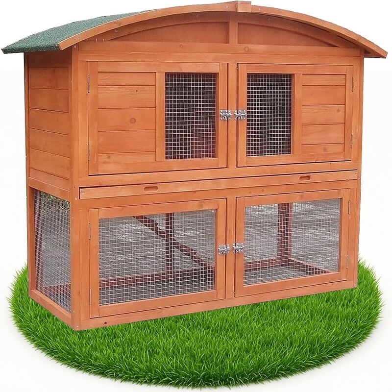 Runddach Kaninchenstall Aufzucht Freigehege Freilauf Käfig Nagerkäfig Holz Braun Laufstall Laufgitter Kleintier Hasenkäfig Draußen Gehege Haus